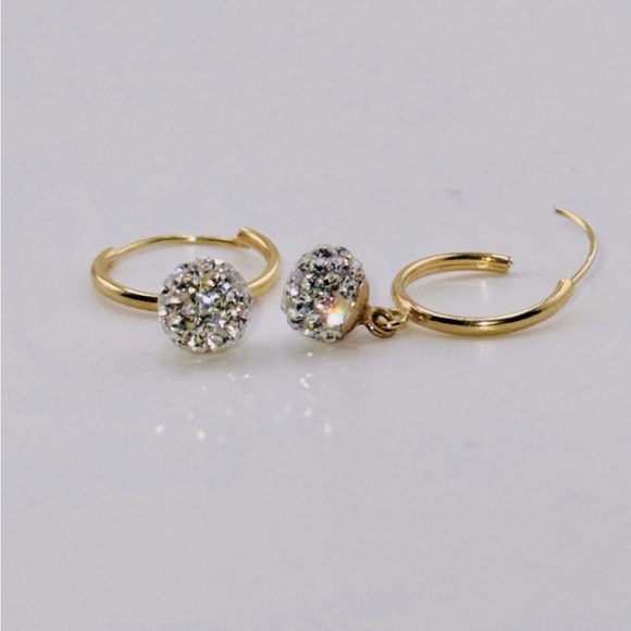 Jewelry - 10K Solid Real Yellow Gold Dangling Hoop Earrings | Genuine Swarovski Crystal
